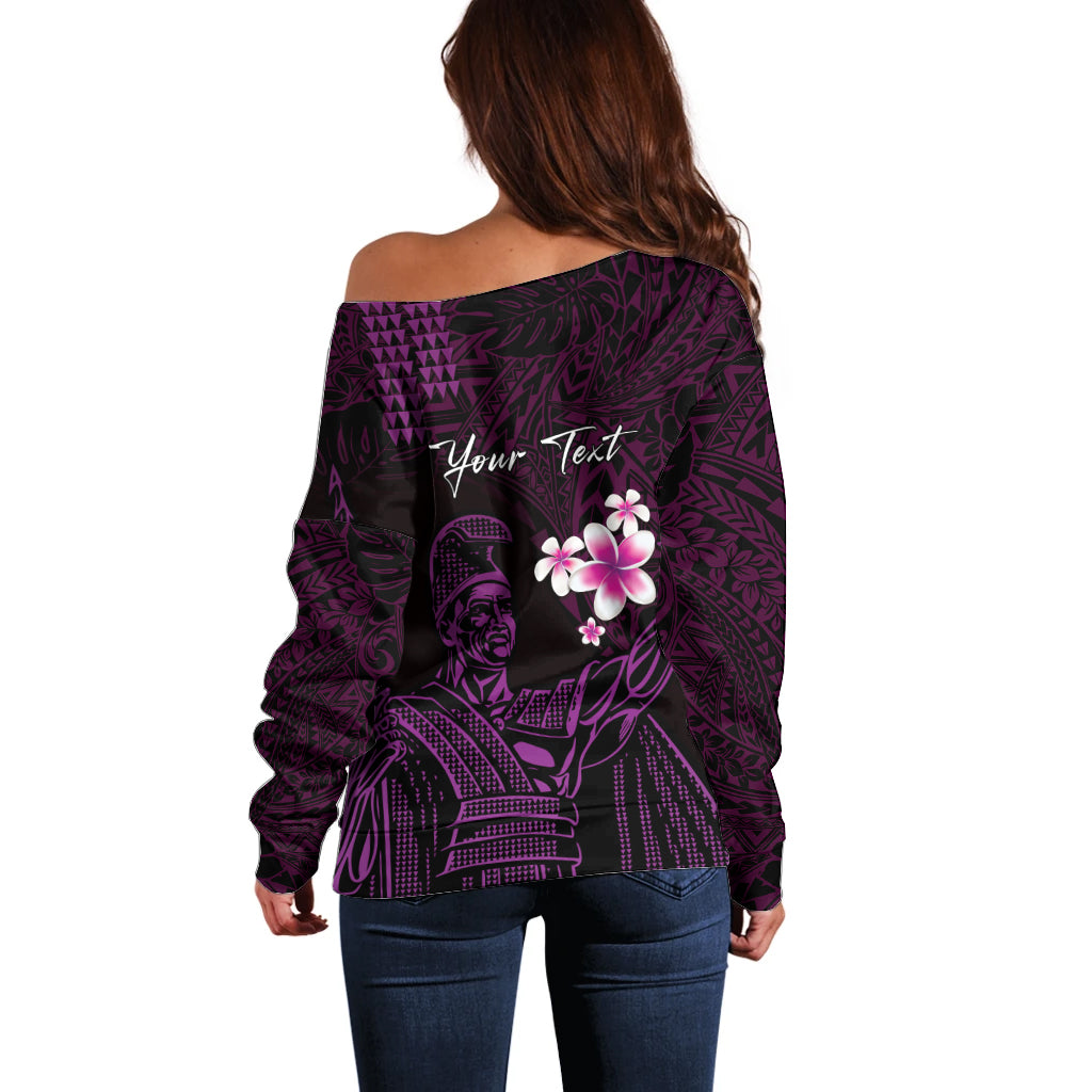 Personalised Hawaii King Kamehameha Day Off Shoulder Sweater Plumeria With Kakau Pattern - Purple