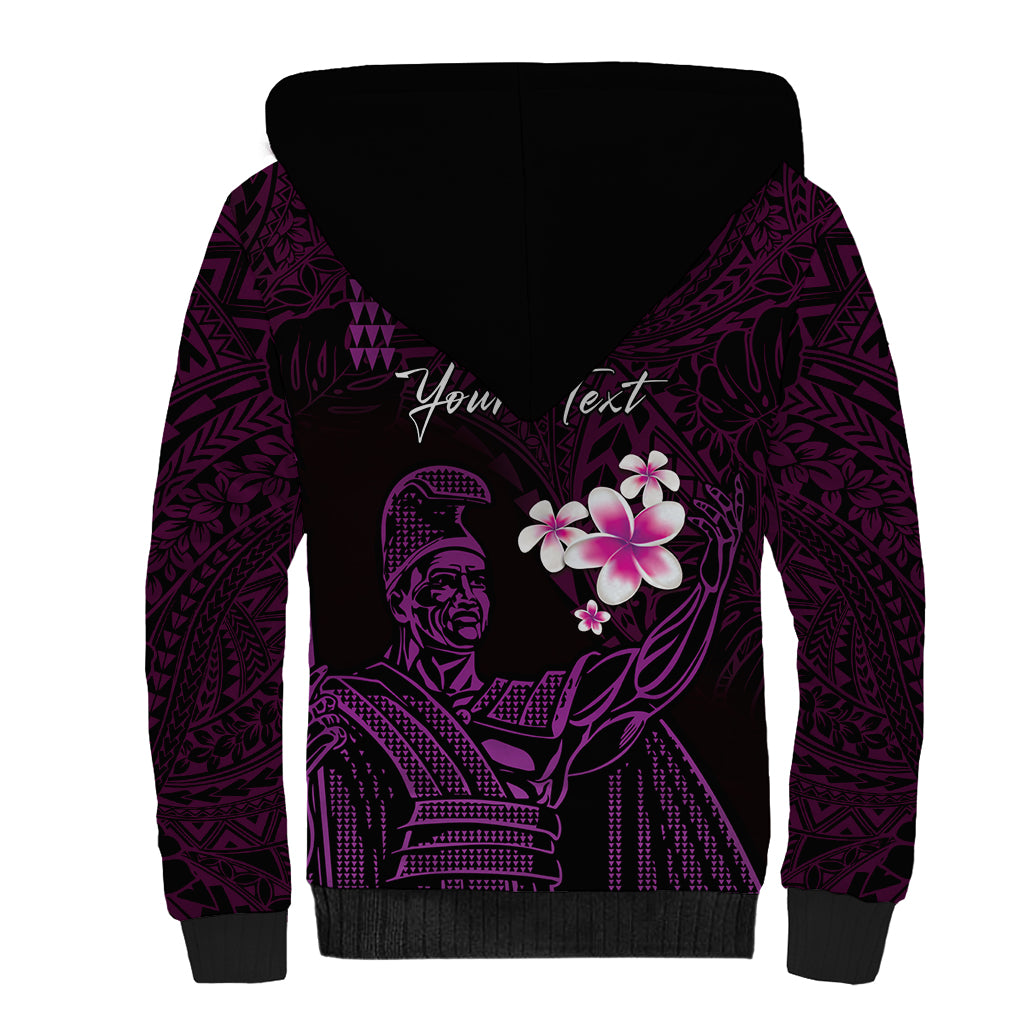 Personalised Hawaii King Kamehameha Day Sherpa Hoodie Plumeria With Kakau Pattern - Purple