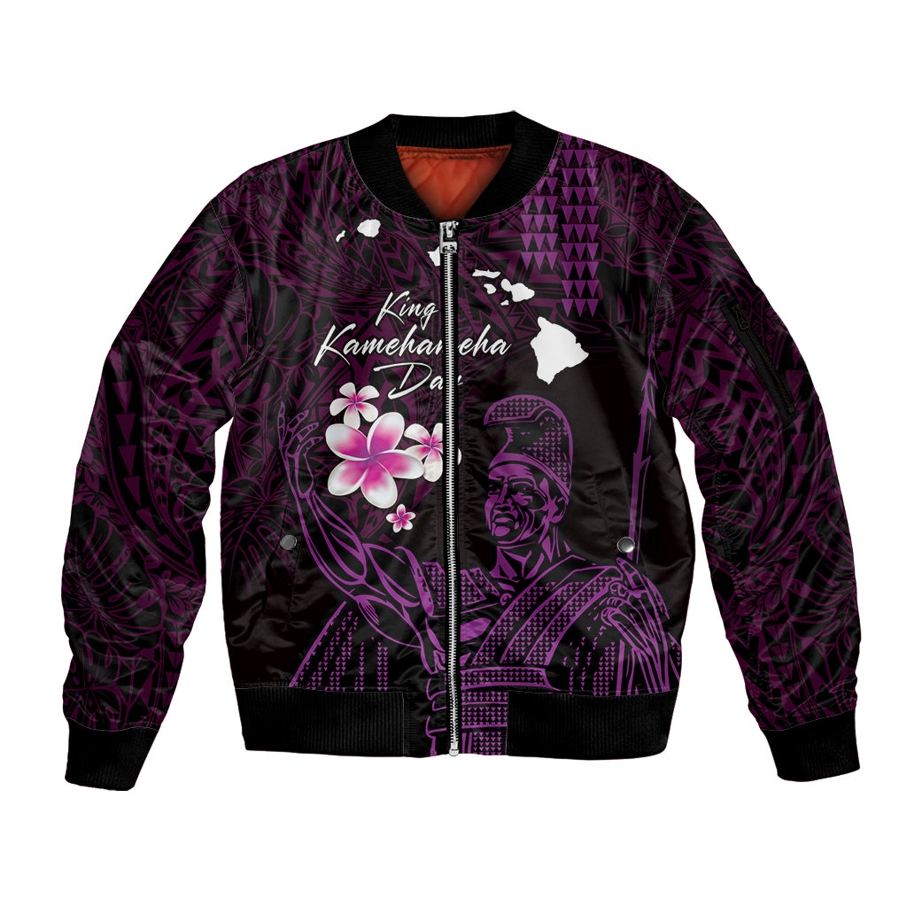 Personalised Hawaii King Kamehameha Day Sleeve Zip Bomber Jacket Plumeria With Kakau Pattern - Purple