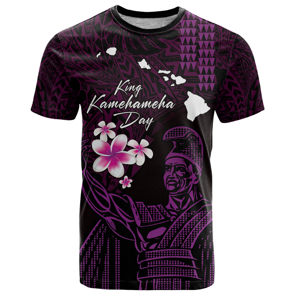 Personalised Hawaii King Kamehameha Day T Shirt Plumeria With Kakau Pattern - Purple