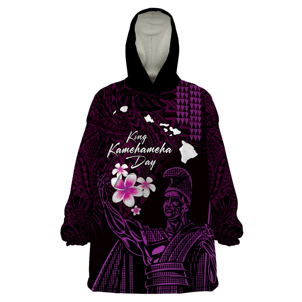 Personalised Hawaii King Kamehameha Day Wearable Blanket Hoodie Plumeria With Kakau Pattern - Purple