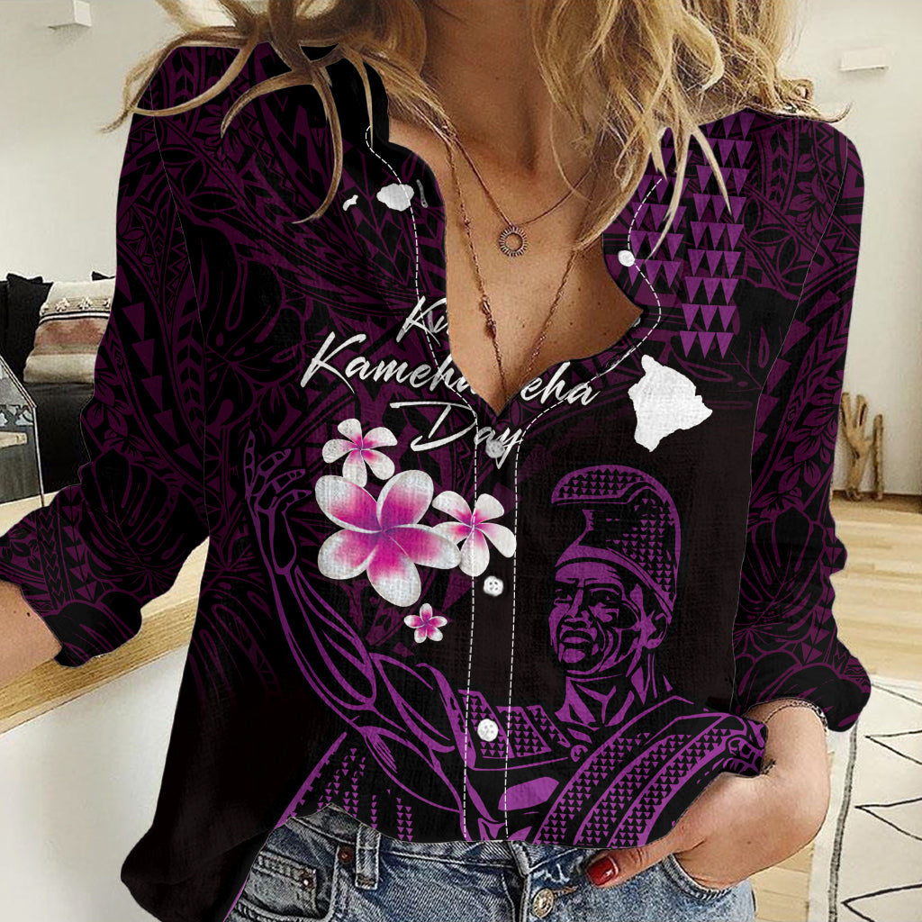 Personalised Hawaii King Kamehameha Day Women Casual Shirt Plumeria With Kakau Pattern - Purple
