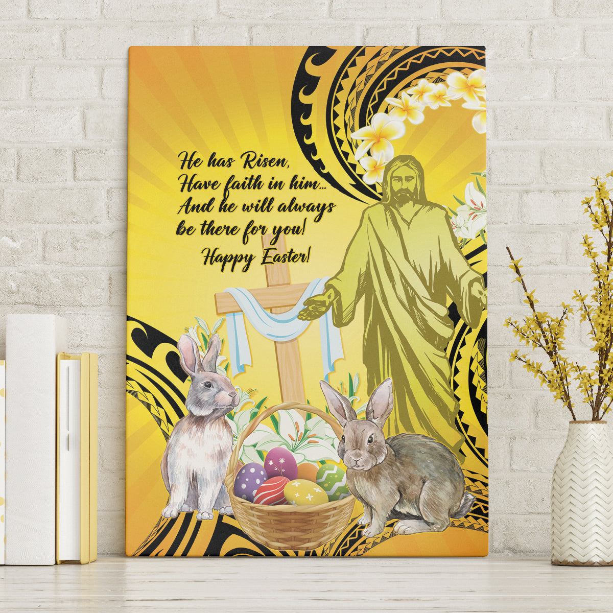 Polynesia Easter Day Canvas Wall Art He Is Risen Lilium Longiflorum Polynesian Pattern LT14 Without Frame Gold - Polynesian Pride