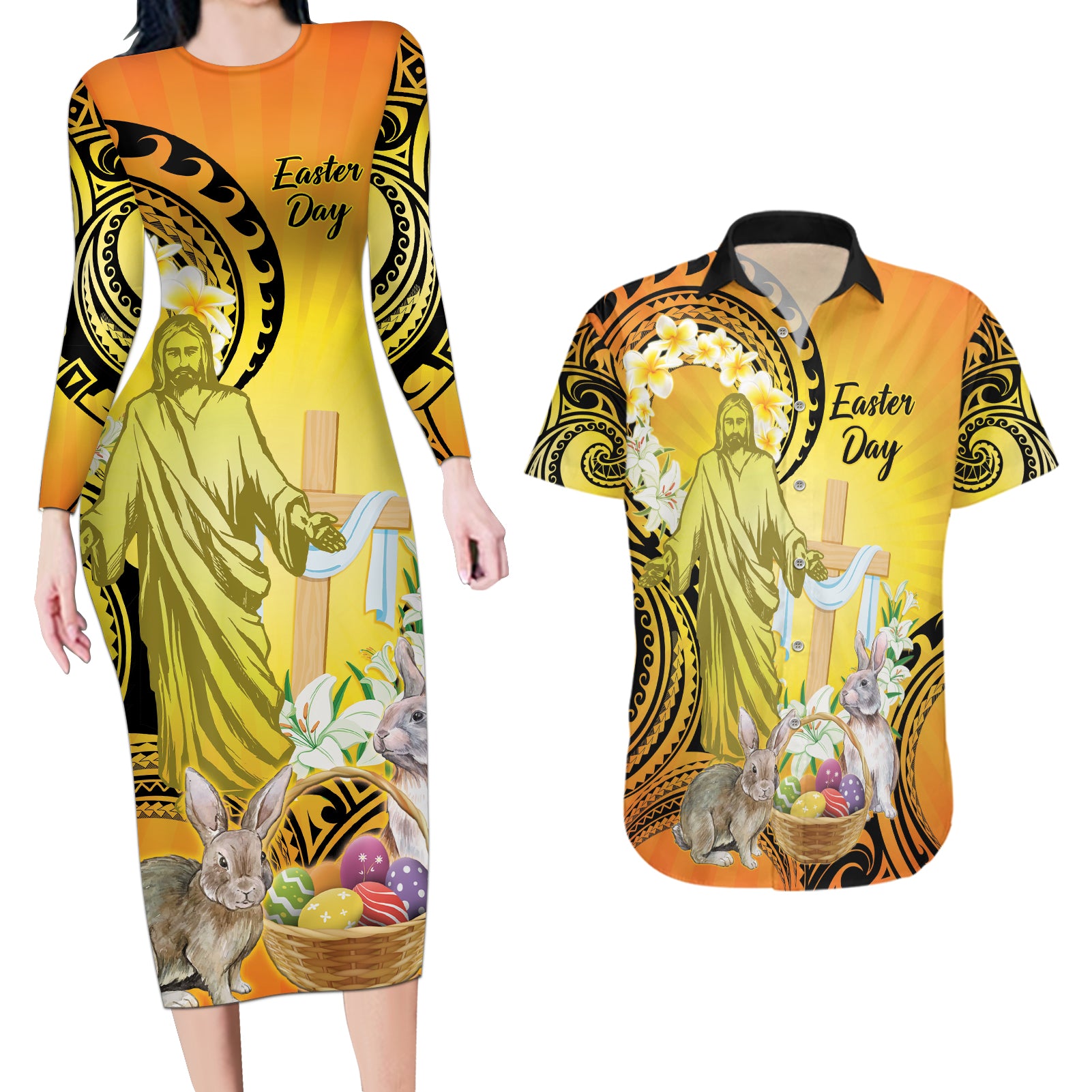 Polynesia Easter Day Couples Matching Long Sleeve Bodycon Dress and Hawaiian Shirt He Is Risen Lilium Longiflorum Polynesian Pattern