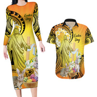 Polynesia Easter Day Couples Matching Long Sleeve Bodycon Dress and Hawaiian Shirt He Is Risen Lilium Longiflorum Polynesian Pattern LT14 Gold - Polynesian Pride
