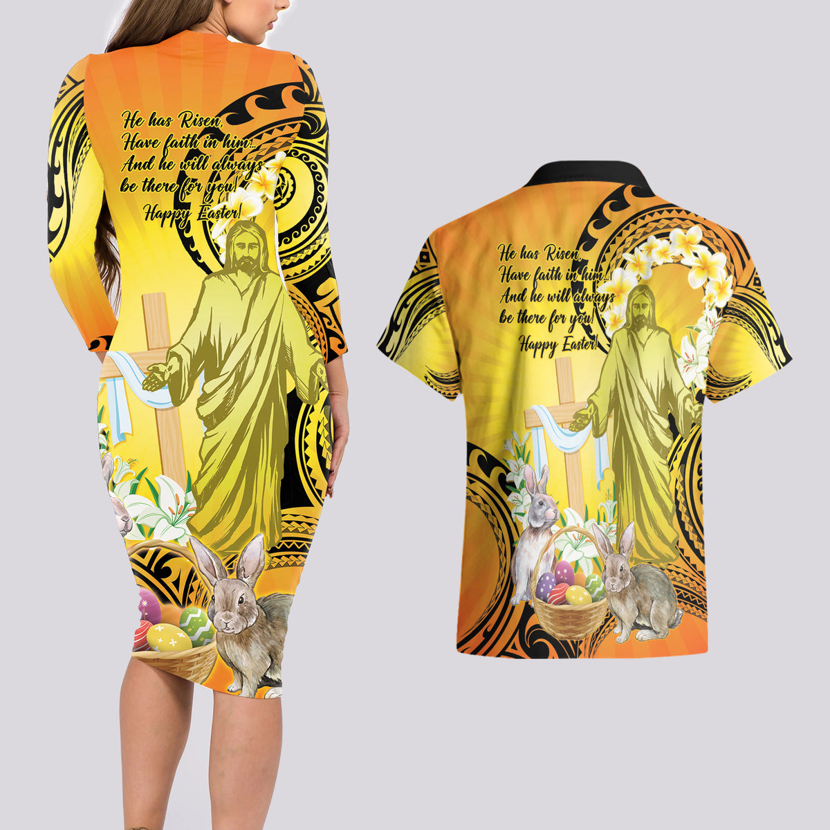 Polynesia Easter Day Couples Matching Long Sleeve Bodycon Dress and Hawaiian Shirt He Is Risen Lilium Longiflorum Polynesian Pattern LT14 - Polynesian Pride