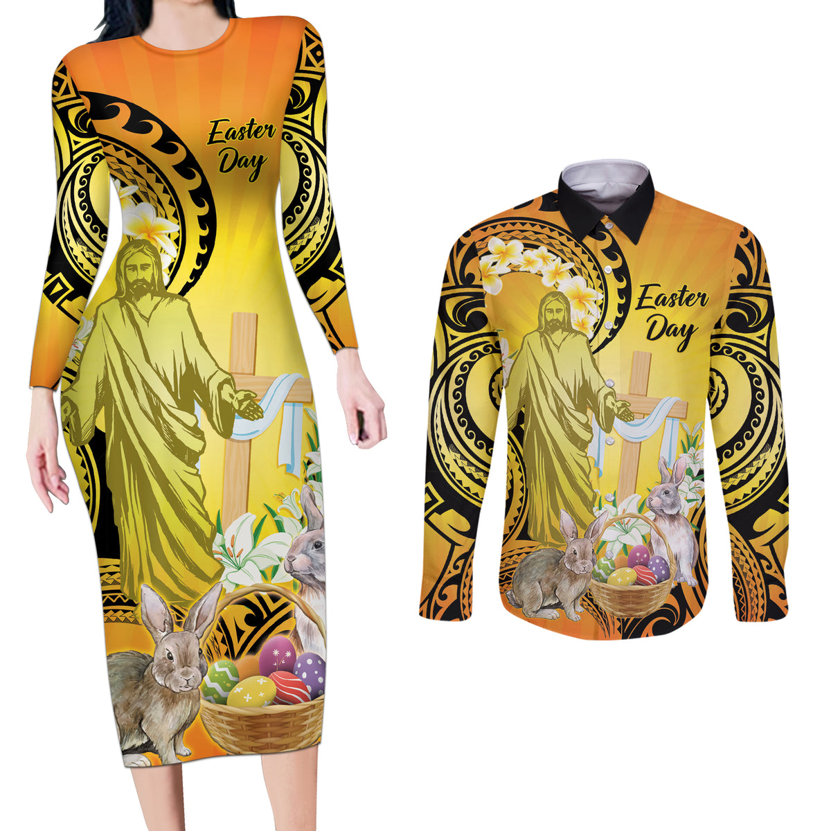Polynesia Easter Day Couples Matching Long Sleeve Bodycon Dress and Long Sleeve Button Shirt He Is Risen Lilium Longiflorum Polynesian Pattern LT14 Gold - Polynesian Pride