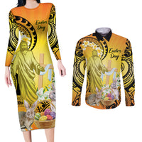 Polynesia Easter Day Couples Matching Long Sleeve Bodycon Dress and Long Sleeve Button Shirt He Is Risen Lilium Longiflorum Polynesian Pattern LT14 Gold - Polynesian Pride