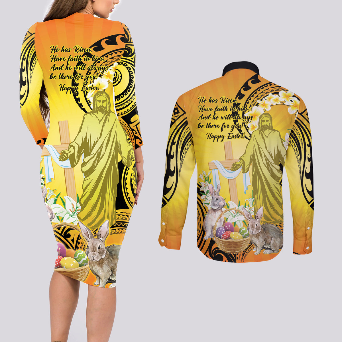 Polynesia Easter Day Couples Matching Long Sleeve Bodycon Dress and Long Sleeve Button Shirt He Is Risen Lilium Longiflorum Polynesian Pattern LT14 - Polynesian Pride