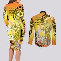 Polynesia Easter Day Couples Matching Long Sleeve Bodycon Dress and Long Sleeve Button Shirt He Is Risen Lilium Longiflorum Polynesian Pattern LT14 - Polynesian Pride