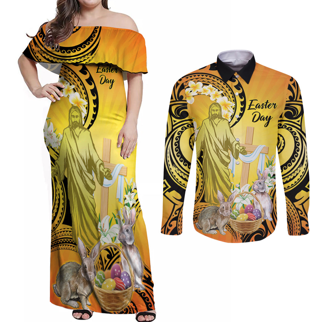 Polynesia Easter Day Couples Matching Off Shoulder Maxi Dress and Long Sleeve Button Shirt He Is Risen Lilium Longiflorum Polynesian Pattern LT14 Gold - Polynesian Pride