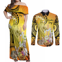 Polynesia Easter Day Couples Matching Off Shoulder Maxi Dress and Long Sleeve Button Shirt He Is Risen Lilium Longiflorum Polynesian Pattern LT14 Gold - Polynesian Pride