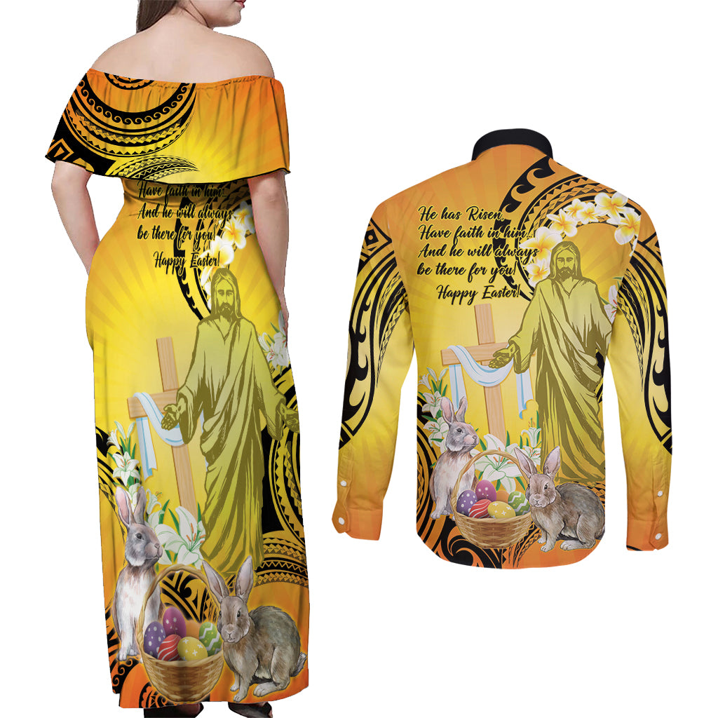 Polynesia Easter Day Couples Matching Off Shoulder Maxi Dress and Long Sleeve Button Shirt He Is Risen Lilium Longiflorum Polynesian Pattern LT14 - Polynesian Pride