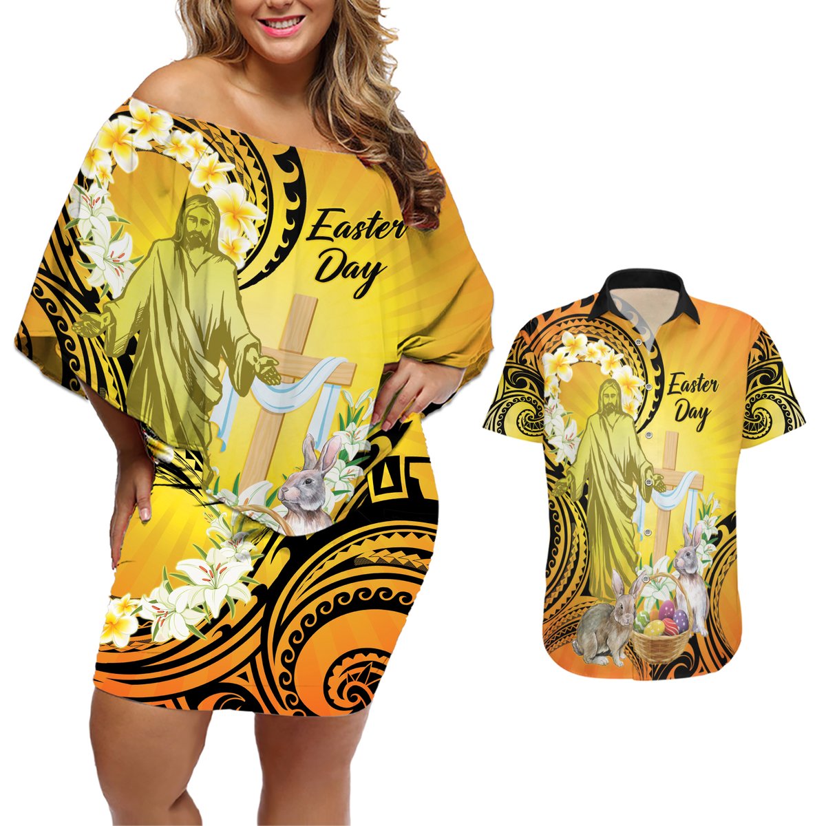 Polynesia Easter Day Couples Matching Off Shoulder Short Dress and Hawaiian Shirt He Is Risen Lilium Longiflorum Polynesian Pattern LT14 Gold - Polynesian Pride