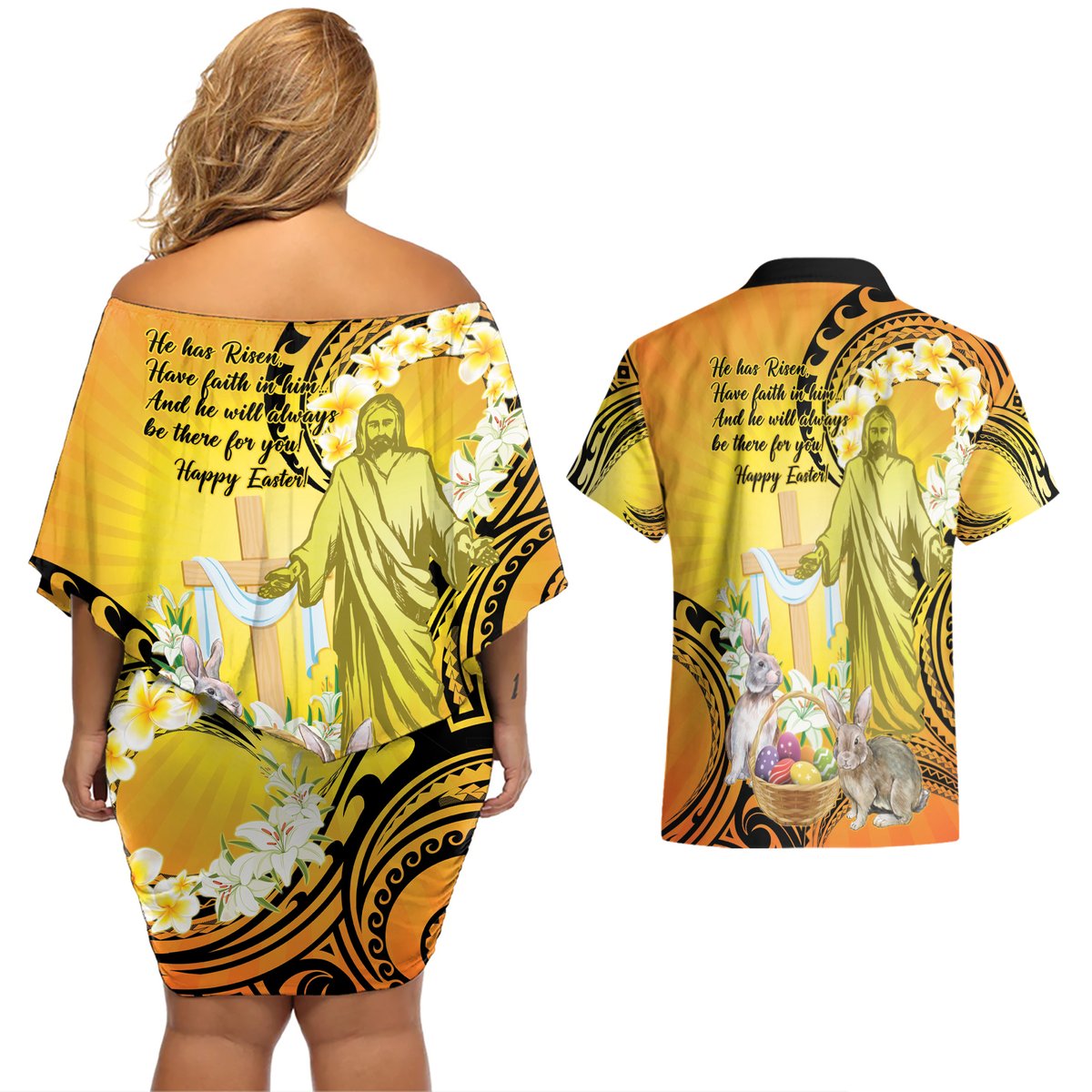 Polynesia Easter Day Couples Matching Off Shoulder Short Dress and Hawaiian Shirt He Is Risen Lilium Longiflorum Polynesian Pattern LT14 - Polynesian Pride