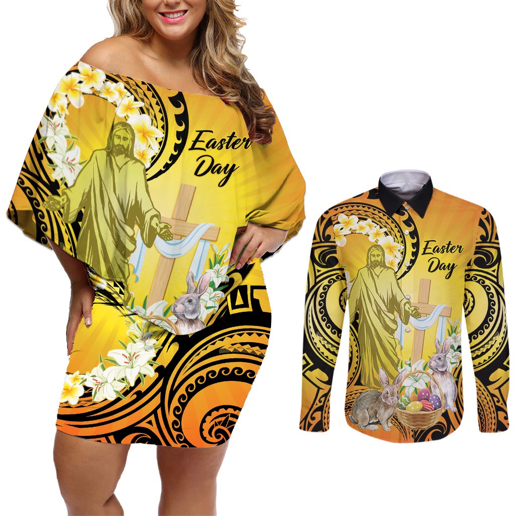Polynesia Easter Day Couples Matching Off Shoulder Short Dress and Long Sleeve Button Shirt He Is Risen Lilium Longiflorum Polynesian Pattern LT14 Gold - Polynesian Pride