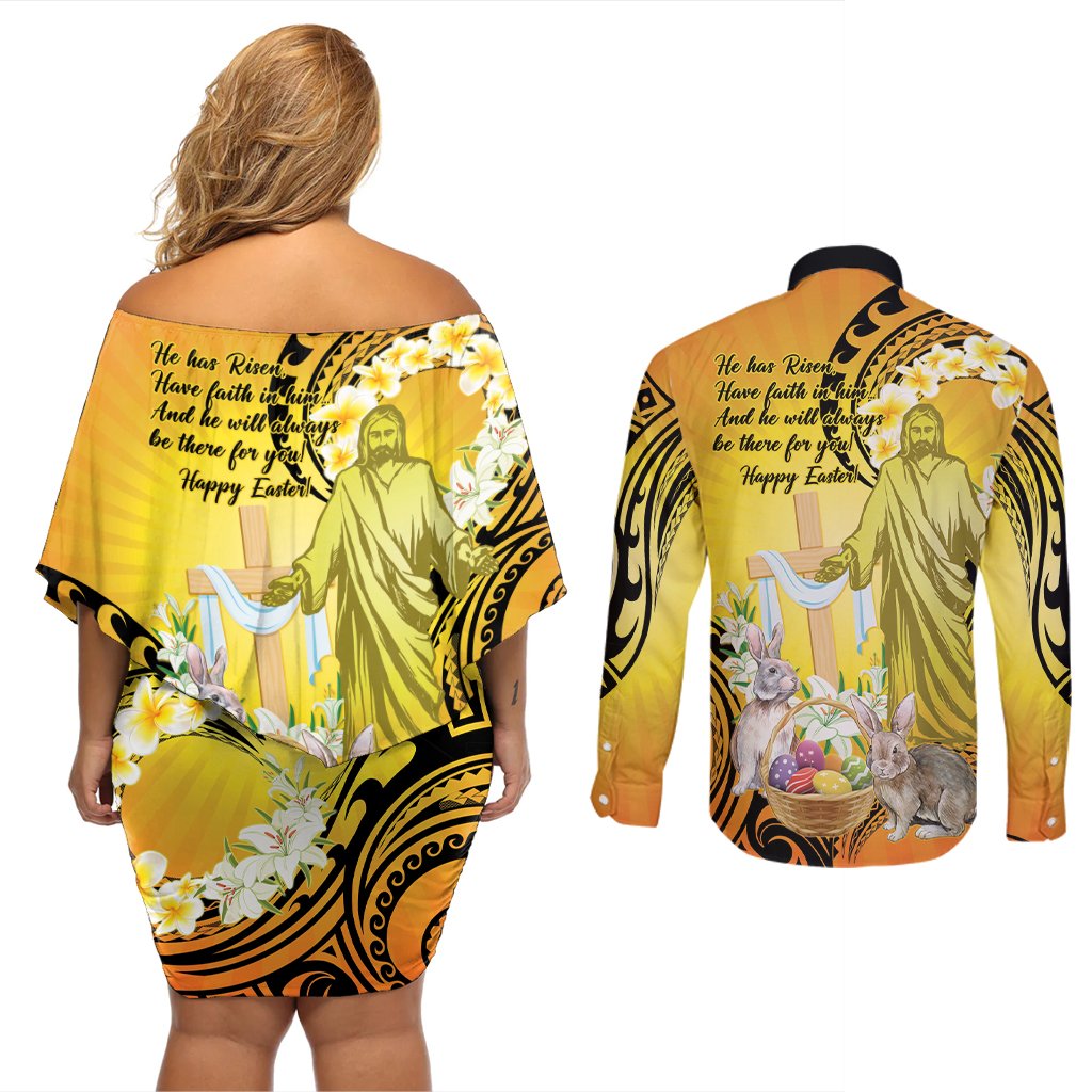Polynesia Easter Day Couples Matching Off Shoulder Short Dress and Long Sleeve Button Shirt He Is Risen Lilium Longiflorum Polynesian Pattern LT14 - Polynesian Pride