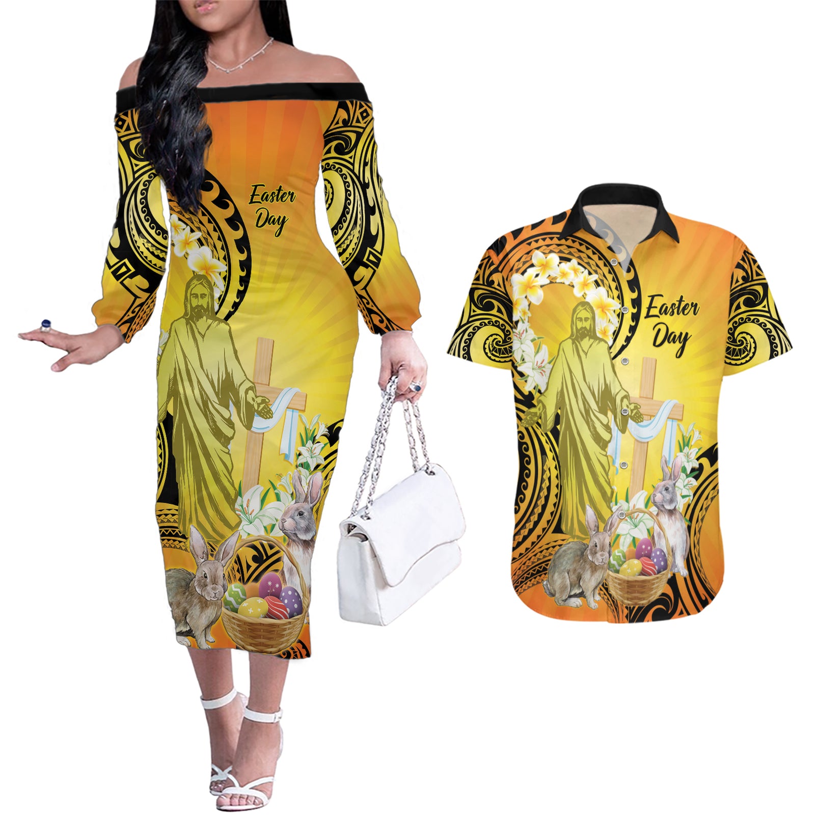 Polynesia Easter Day Couples Matching Off The Shoulder Long Sleeve Dress and Hawaiian Shirt He Is Risen Lilium Longiflorum Polynesian Pattern LT14 Gold - Polynesian Pride