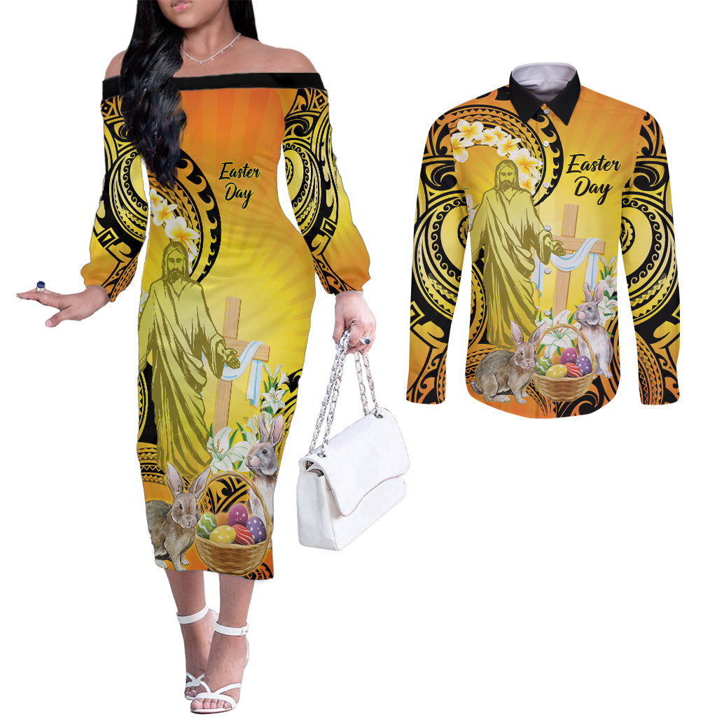 Polynesia Easter Day Couples Matching Off The Shoulder Long Sleeve Dress and Long Sleeve Button Shirt He Is Risen Lilium Longiflorum Polynesian Pattern LT14 Gold - Polynesian Pride