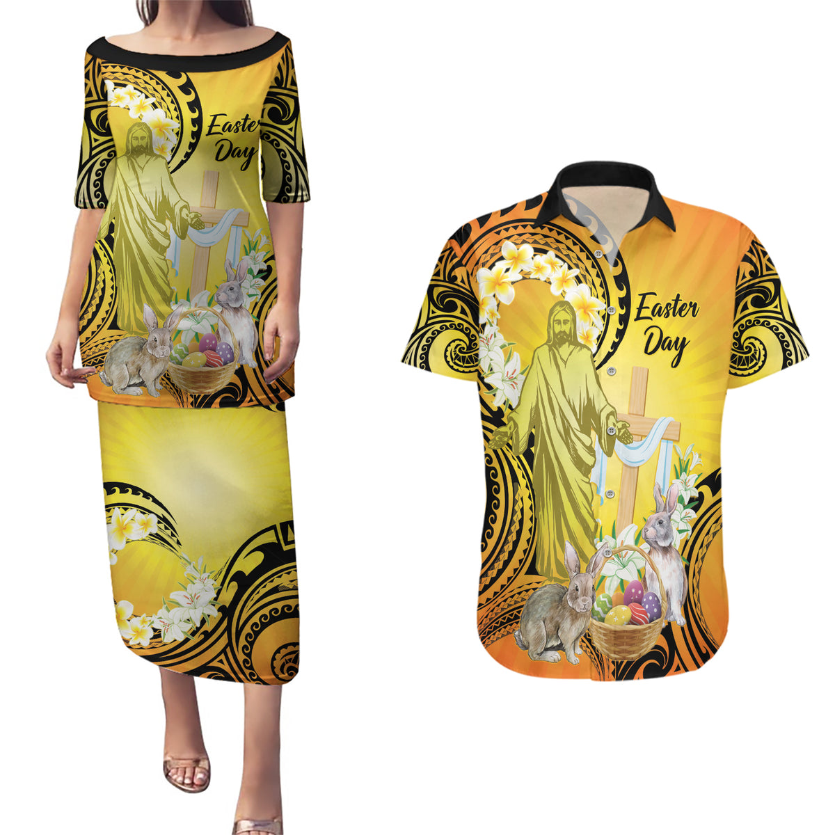 Polynesia Easter Day Couples Matching Puletasi and Hawaiian Shirt He Is Risen Lilium Longiflorum Polynesian Pattern LT14 Gold - Polynesian Pride