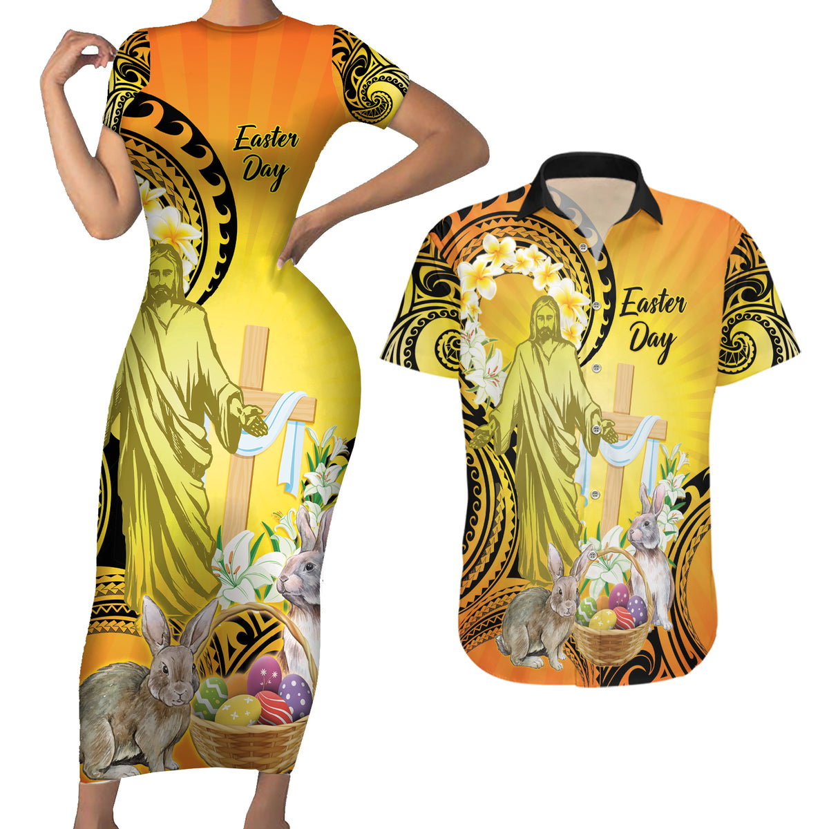 Polynesia Easter Day Couples Matching Short Sleeve Bodycon Dress and Hawaiian Shirt He Is Risen Lilium Longiflorum Polynesian Pattern LT14 Gold - Polynesian Pride