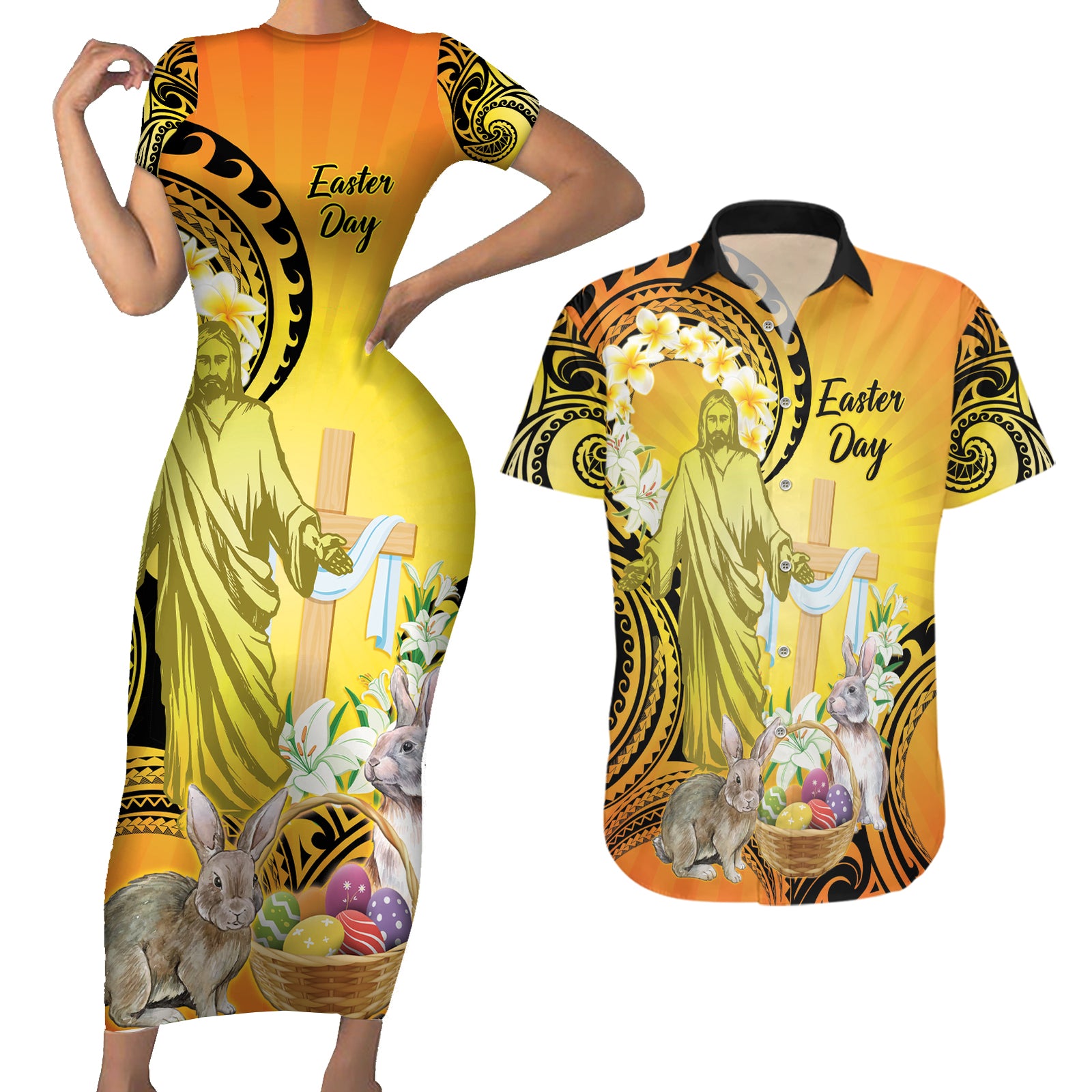 Polynesia Easter Day Couples Matching Short Sleeve Bodycon Dress and Hawaiian Shirt He Is Risen Lilium Longiflorum Polynesian Pattern LT14 Gold - Polynesian Pride