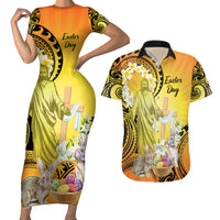 Polynesia Easter Day Couples Matching Short Sleeve Bodycon Dress and Hawaiian Shirt He Is Risen Lilium Longiflorum Polynesian Pattern LT14 Gold - Polynesian Pride