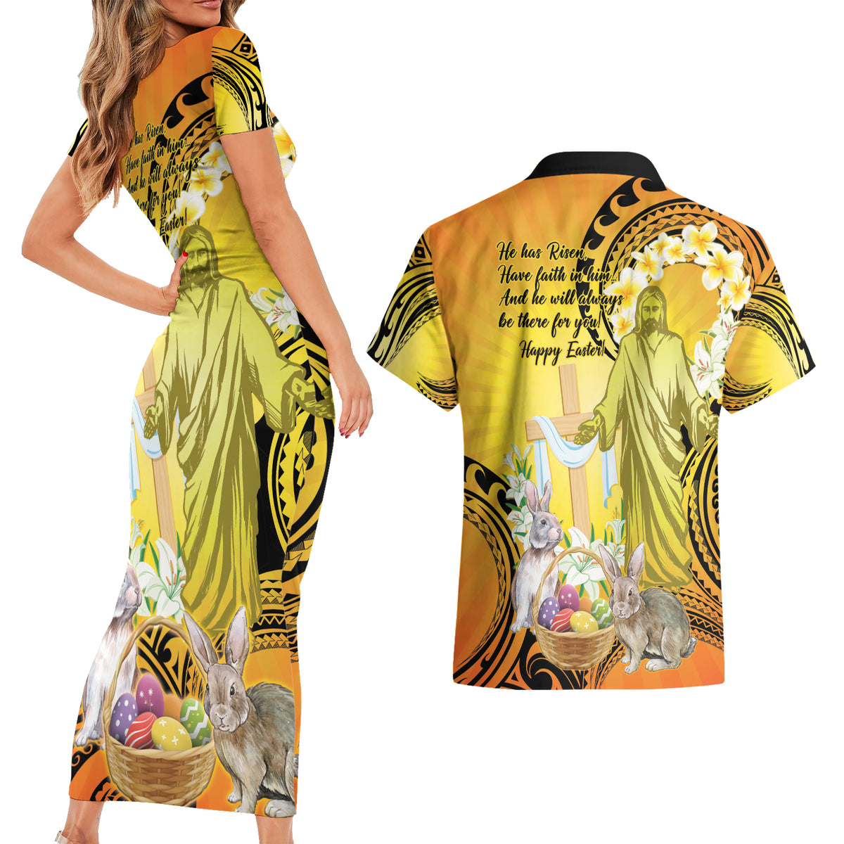 Polynesia Easter Day Couples Matching Short Sleeve Bodycon Dress and Hawaiian Shirt He Is Risen Lilium Longiflorum Polynesian Pattern LT14 - Polynesian Pride