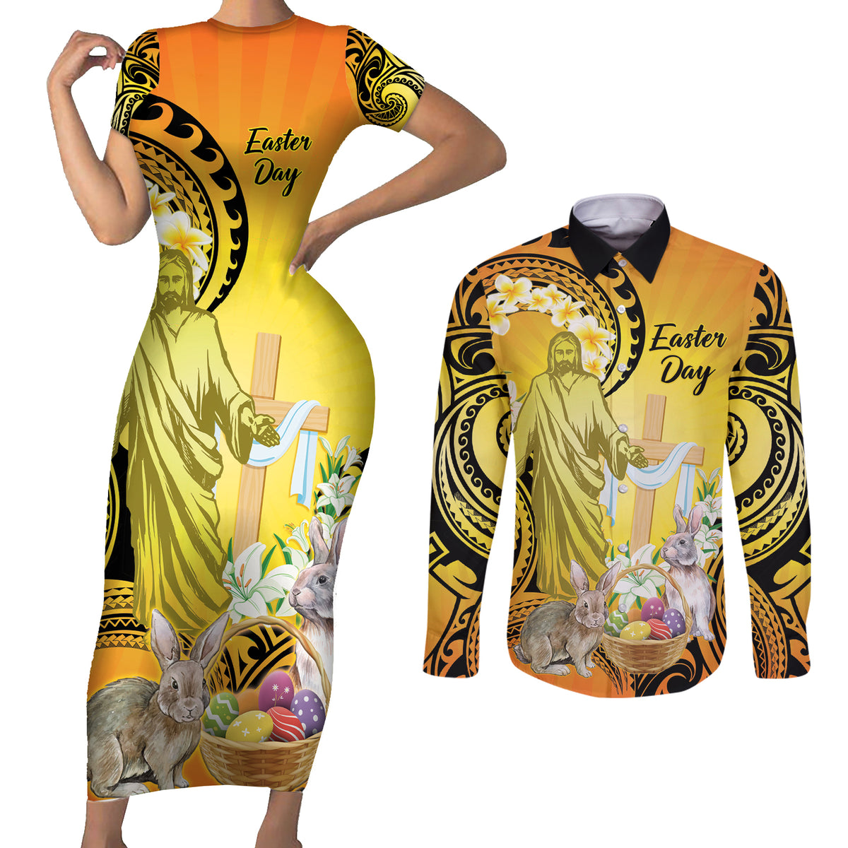 Polynesia Easter Day Couples Matching Short Sleeve Bodycon Dress and Long Sleeve Button Shirt He Is Risen Lilium Longiflorum Polynesian Pattern LT14 Gold - Polynesian Pride