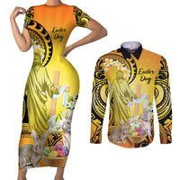 Polynesia Easter Day Couples Matching Short Sleeve Bodycon Dress and Long Sleeve Button Shirt He Is Risen Lilium Longiflorum Polynesian Pattern LT14 Gold - Polynesian Pride
