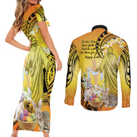 Polynesia Easter Day Couples Matching Short Sleeve Bodycon Dress and Long Sleeve Button Shirt He Is Risen Lilium Longiflorum Polynesian Pattern LT14 - Polynesian Pride