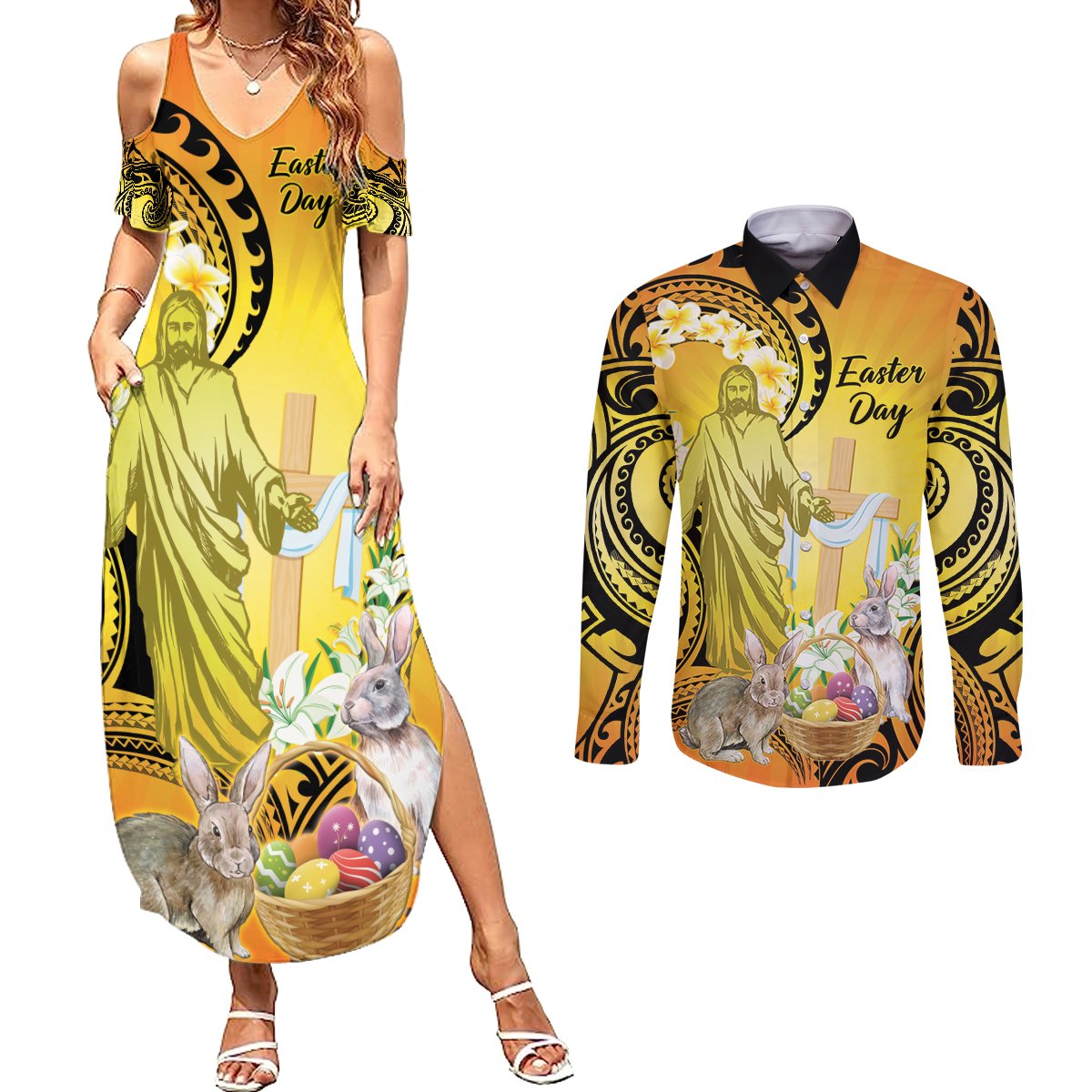 Polynesia Easter Day Couples Matching Summer Maxi Dress and Long Sleeve Button Shirt He Is Risen Lilium Longiflorum Polynesian Pattern LT14 Gold - Polynesian Pride