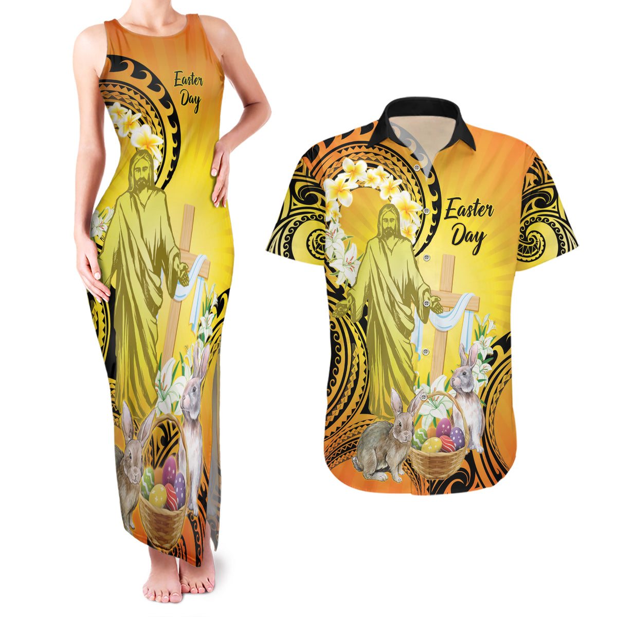 Polynesia Easter Day Couples Matching Tank Maxi Dress and Hawaiian Shirt He Is Risen Lilium Longiflorum Polynesian Pattern LT14 Gold - Polynesian Pride