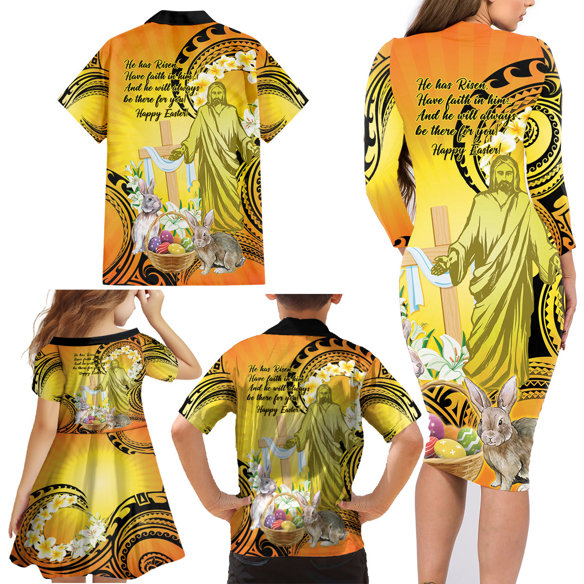 Polynesia Easter Day Family Matching Long Sleeve Bodycon Dress and Hawaiian Shirt He Is Risen Lilium Longiflorum Polynesian Pattern LT14 - Polynesian Pride