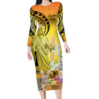 Polynesia Easter Day Family Matching Long Sleeve Bodycon Dress and Hawaiian Shirt He Is Risen Lilium Longiflorum Polynesian Pattern LT14 Mom's Dress Gold - Polynesian Pride