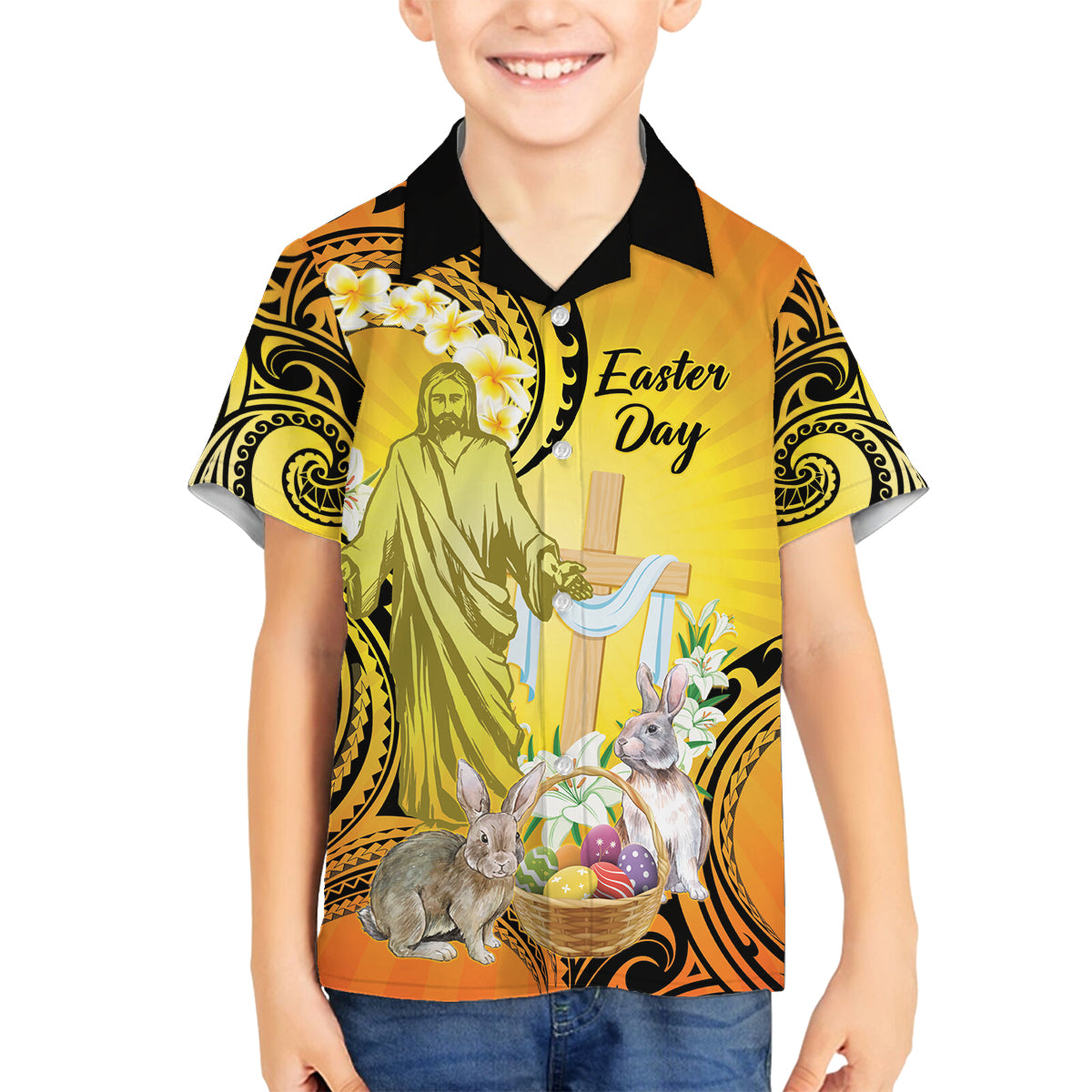 Polynesia Easter Day Family Matching Long Sleeve Bodycon Dress and Hawaiian Shirt He Is Risen Lilium Longiflorum Polynesian Pattern LT14 Son's Shirt Gold - Polynesian Pride