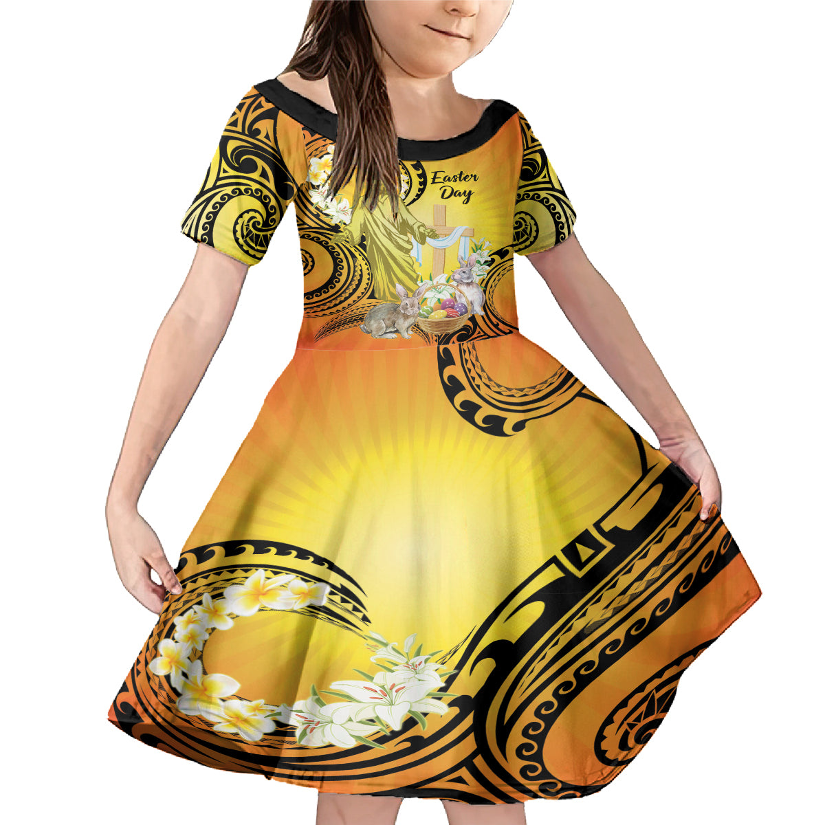 Polynesia Easter Day Family Matching Mermaid Dress and Hawaiian Shirt He Is Risen Lilium Longiflorum Polynesian Pattern LT14 Daughter's Dress Gold - Polynesian Pride