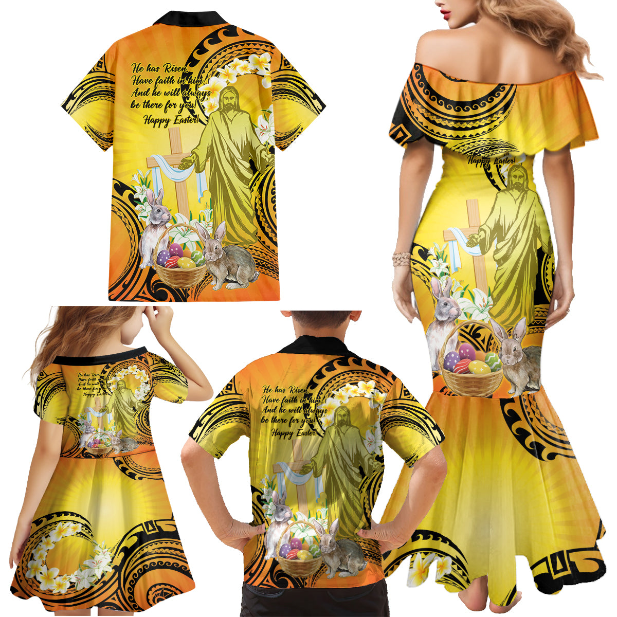 Polynesia Easter Day Family Matching Mermaid Dress and Hawaiian Shirt He Is Risen Lilium Longiflorum Polynesian Pattern LT14 - Polynesian Pride