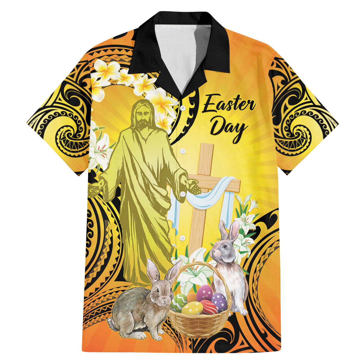 Polynesia Easter Day Family Matching Mermaid Dress and Hawaiian Shirt He Is Risen Lilium Longiflorum Polynesian Pattern LT14 Dad's Shirt - Short Sleeve Gold - Polynesian Pride