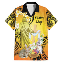 Polynesia Easter Day Family Matching Mermaid Dress and Hawaiian Shirt He Is Risen Lilium Longiflorum Polynesian Pattern LT14 Dad's Shirt - Short Sleeve Gold - Polynesian Pride