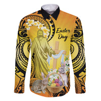 Polynesia Easter Day Family Matching Mermaid Dress and Hawaiian Shirt He Is Risen Lilium Longiflorum Polynesian Pattern LT14 Dad's Shirt - Long Sleeve Gold - Polynesian Pride