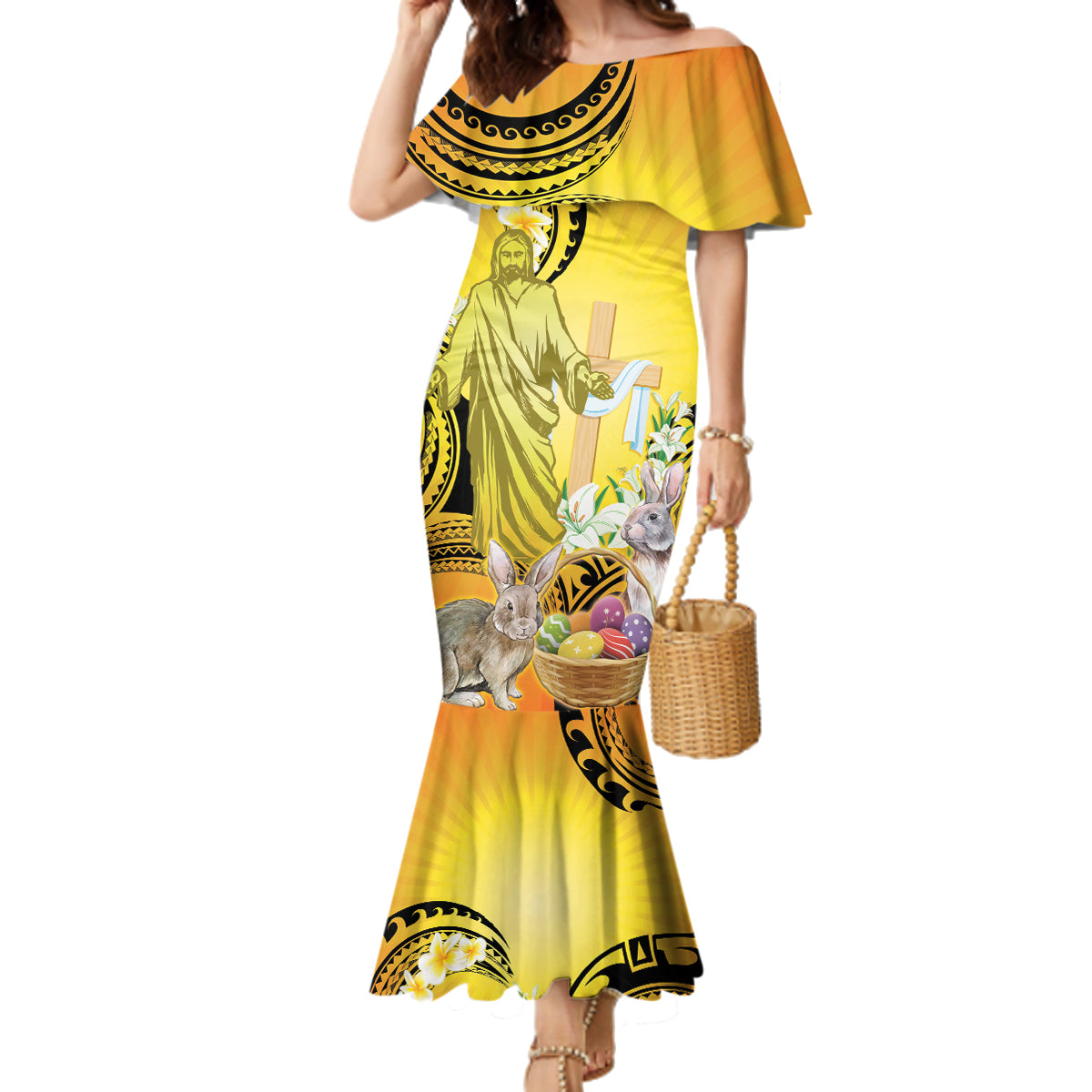 Polynesia Easter Day Family Matching Mermaid Dress and Hawaiian Shirt He Is Risen Lilium Longiflorum Polynesian Pattern LT14 Mom's Dress Gold - Polynesian Pride