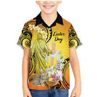 Polynesia Easter Day Family Matching Mermaid Dress and Hawaiian Shirt He Is Risen Lilium Longiflorum Polynesian Pattern LT14 Son's Shirt Gold - Polynesian Pride