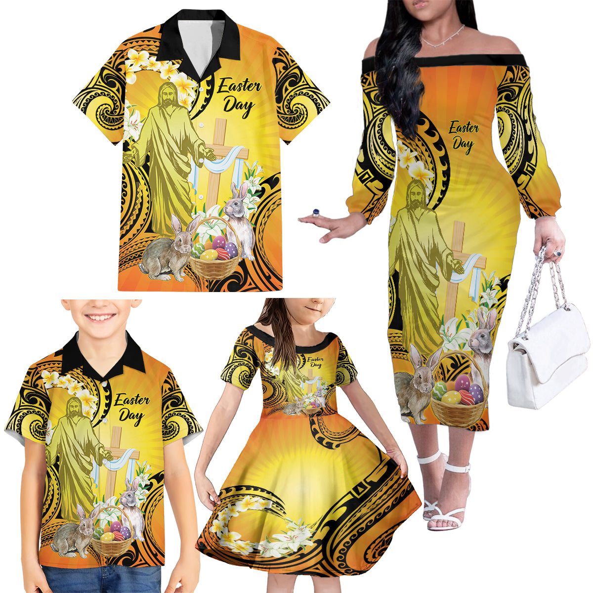 Polynesia Easter Day Family Matching Off The Shoulder Long Sleeve Dress and Hawaiian Shirt He Is Risen Lilium Longiflorum Polynesian Pattern LT14 - Polynesian Pride