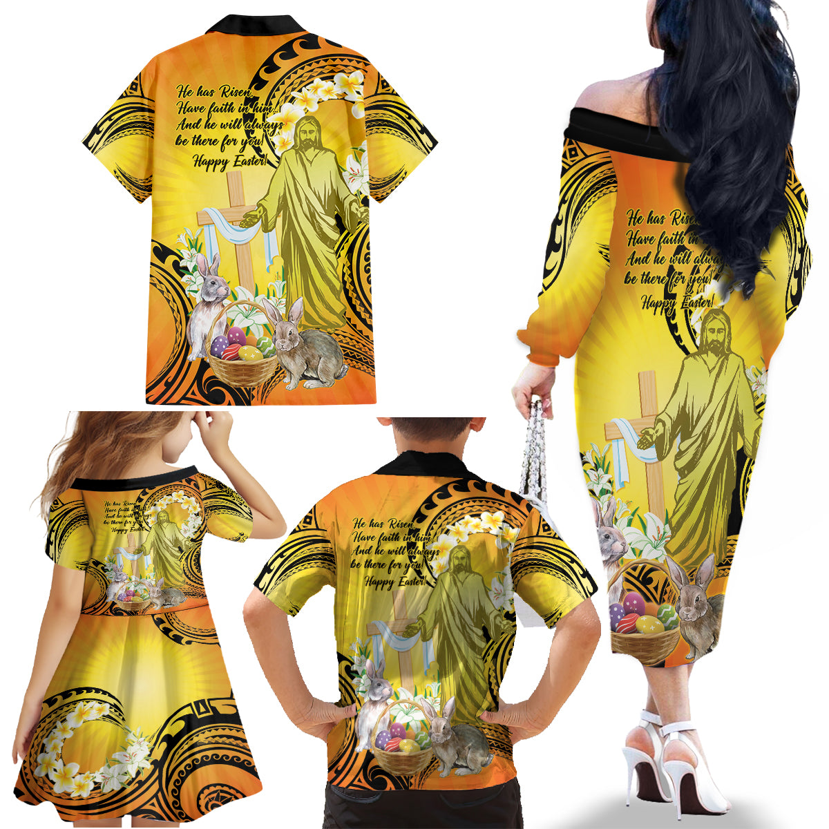 Polynesia Easter Day Family Matching Off The Shoulder Long Sleeve Dress and Hawaiian Shirt He Is Risen Lilium Longiflorum Polynesian Pattern LT14 - Polynesian Pride