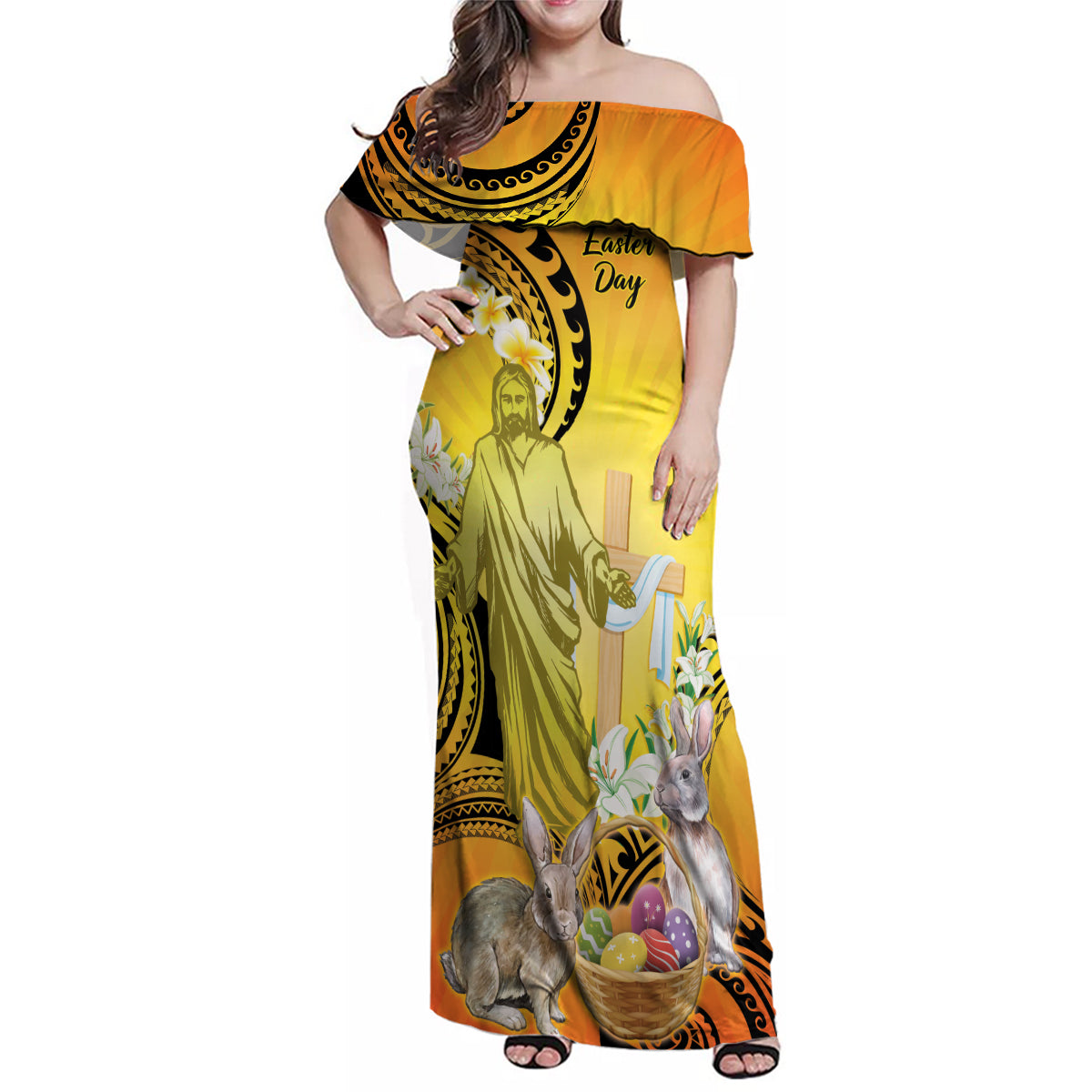 Polynesia Easter Day Family Matching Off Shoulder Maxi Dress and Hawaiian Shirt He Is Risen Lilium Longiflorum Polynesian Pattern LT14 Mom's Dress Gold - Polynesian Pride