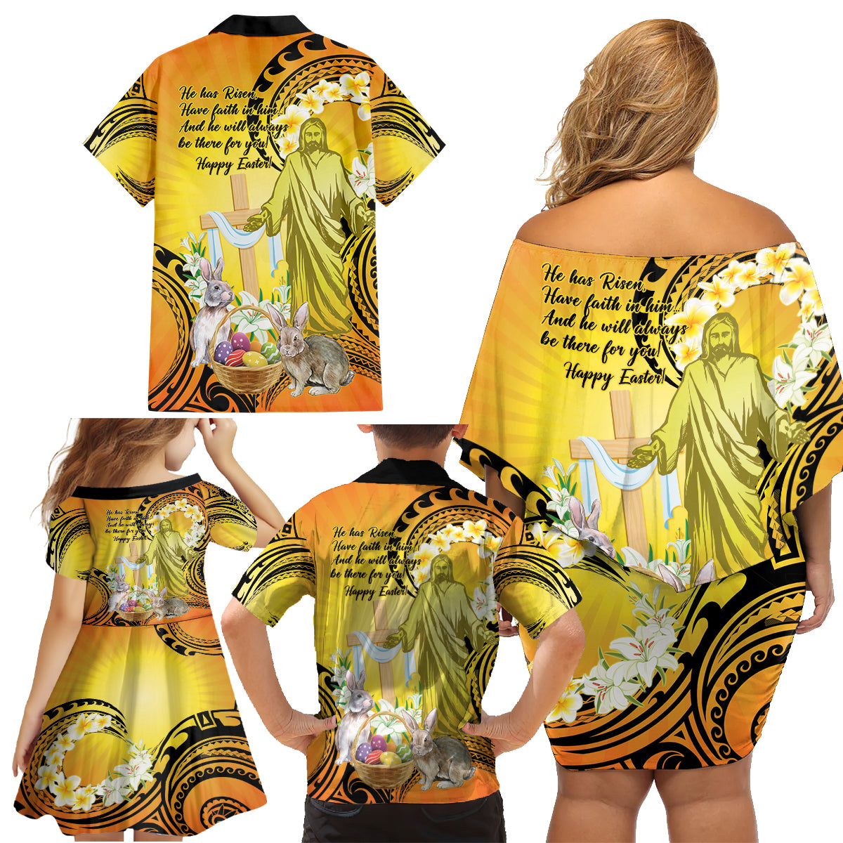Polynesia Easter Day Family Matching Off Shoulder Short Dress and Hawaiian Shirt He Is Risen Lilium Longiflorum Polynesian Pattern LT14 - Polynesian Pride