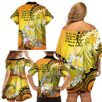 Polynesia Easter Day Family Matching Off Shoulder Short Dress and Hawaiian Shirt He Is Risen Lilium Longiflorum Polynesian Pattern LT14 - Polynesian Pride