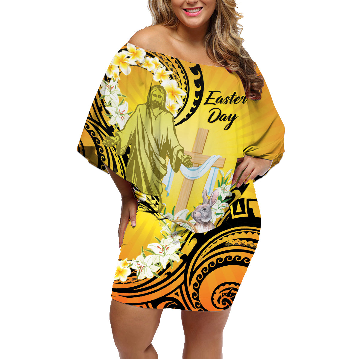 Polynesia Easter Day Family Matching Off Shoulder Short Dress and Hawaiian Shirt He Is Risen Lilium Longiflorum Polynesian Pattern LT14 Mom's Dress Gold - Polynesian Pride