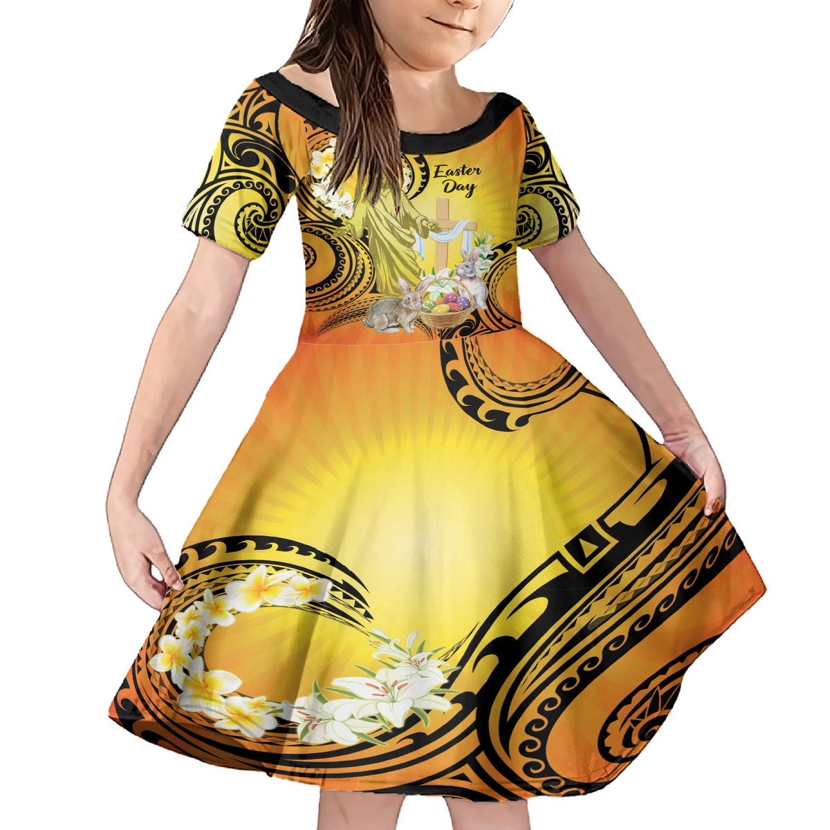 Polynesia Easter Day Family Matching Short Sleeve Bodycon Dress and Hawaiian Shirt He Is Risen Lilium Longiflorum Polynesian Pattern LT14 Daughter's Dress Gold - Polynesian Pride